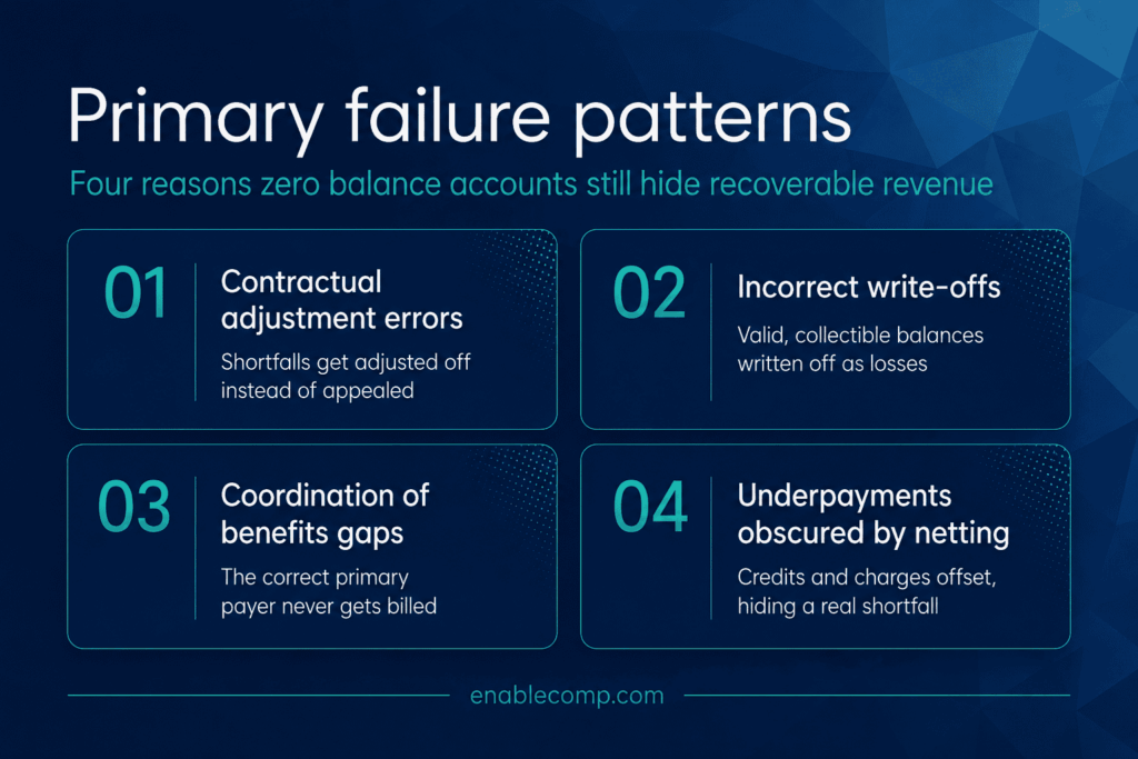 primary failure patterns spotted in zero balance review audits